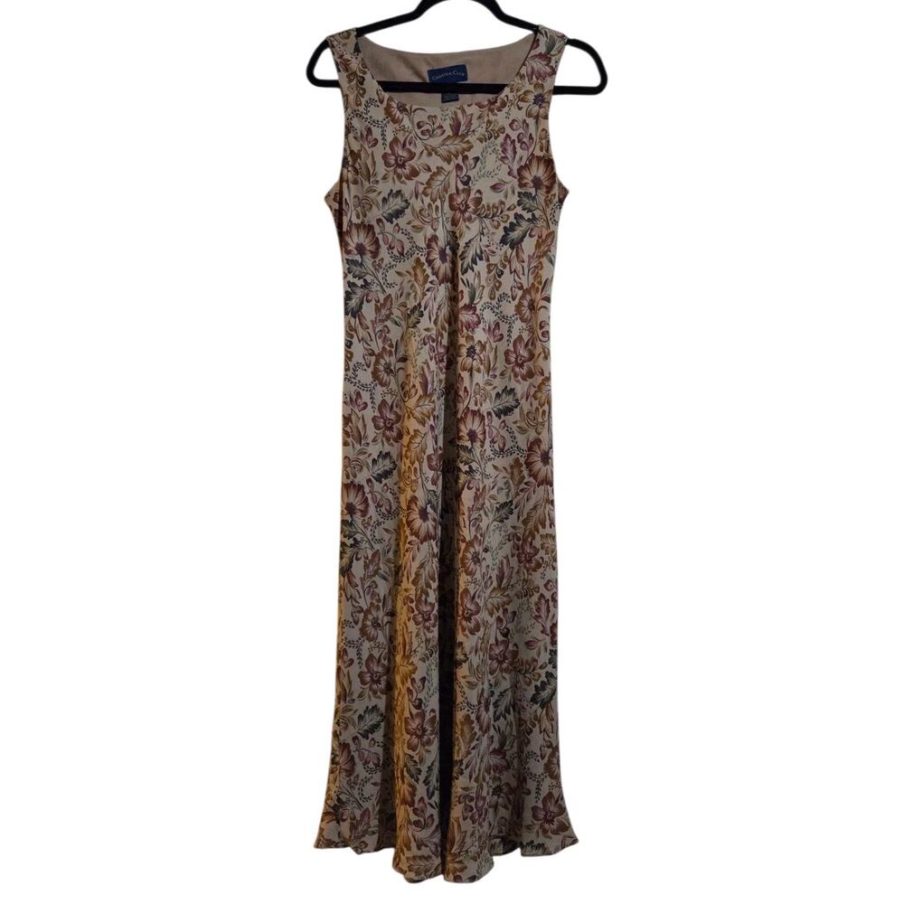 Charter Club Women Tan Brown 100% Silk Shift Dress Floral Print Sz 8 Boho Hippie